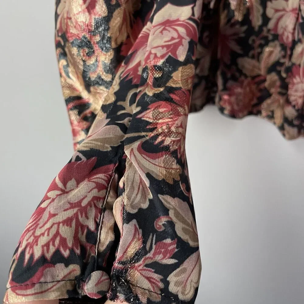 EXPRESS Top Womens Small S Metallic Gold Red Floral Peplum Blouse NEW Faux Wrap - Picture 7 of 10
